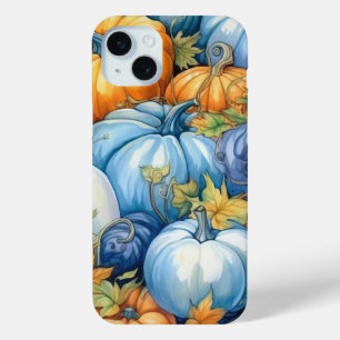 PRETTY BLUE ORANGE WHITE FALL AUTUMN PUMPKINS iPhone 15 MINI CASE