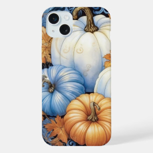 PRETTY BLUE ORANGE WHITE FALL AUTUMN PUMPKINS iPhone 15 PLUS CASE