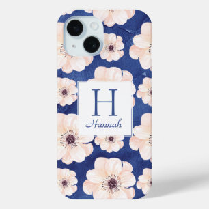 Pretty Blue Peach Floral Pattern Monogram iPhone 15 Case