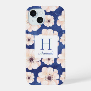Pretty Blue Peach Floral Pattern Monogram iPhone 15 Case
