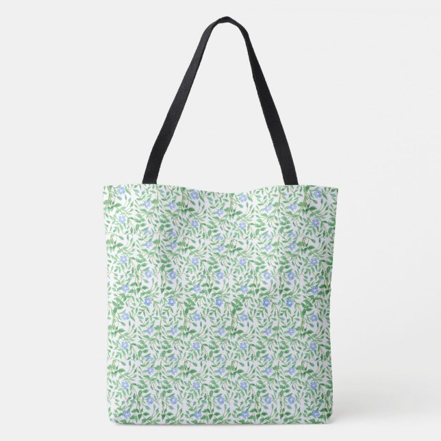 Pretty Blue Periwinkle Floral on White Background Tote Bag (Back)