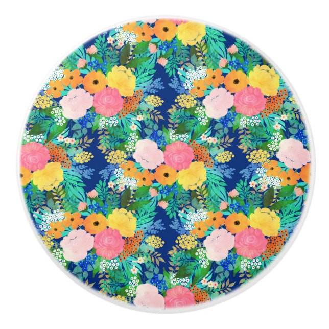Pretty Blue Pink Flowers Boho Design Ceramic Knob (Front)