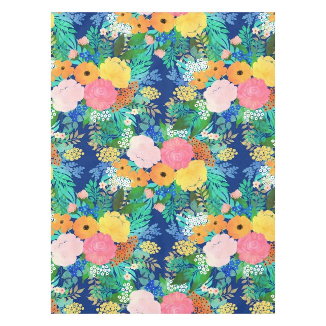 Pretty Blue Pink Flowers Boho Design Tablecloth (Front)
