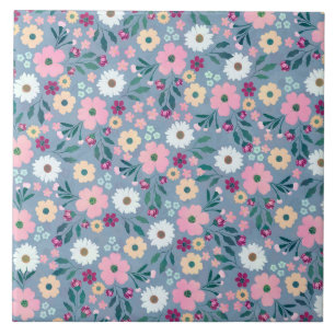 Pretty Blue Pink flowers Botanical Tile