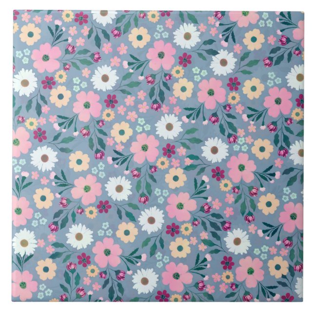 Pretty Blue Pink flowers Botanical Tile (Front)