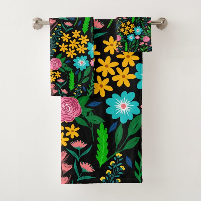Pretty Blue Pink Garden Flowers Black Design Bath Towel Set (Insitu)