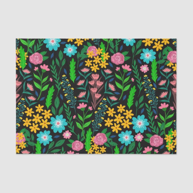 Pretty Blue Pink Garden Flowers Black Design Tissue Paper (Front)