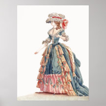 Pretty Blue & Pink Regency French Fashion Drawing