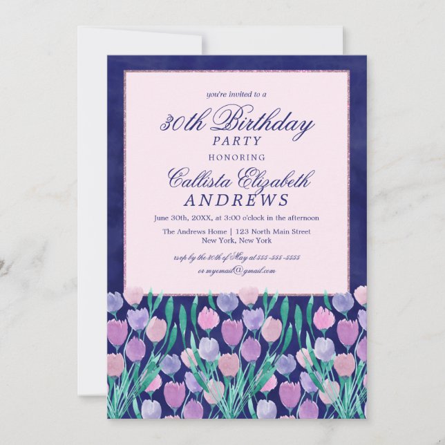Pretty Blue Pink Tulips Floral Watercolor Birthday Invitation (Front)