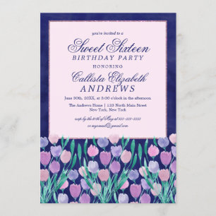 Pretty Blue Pink Tulips Floral Watercolor Sweet 16 Invitation