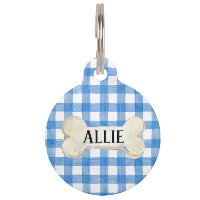 Pretty Blue Plaid Personalised Dog Pet Tag (Front)