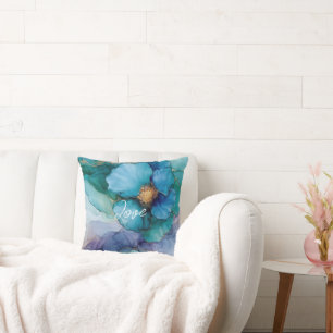 Pretty Blue Purple Aqua Gold Floral Cushion