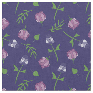 Pretty Blue Purple Pink Roses Rosebud Floral Print Fabric