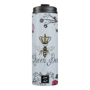 Pretty Blue Queen Bee & Gold Crown Floral Monogram Thermal Tumbler