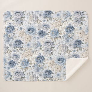 Pretty Blue Rose Floral Watercolor  Sherpa Blanket