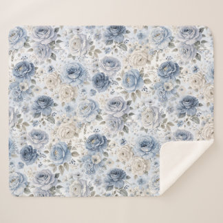 Pretty Blue Rose Floral Watercolor  Sherpa Blanket