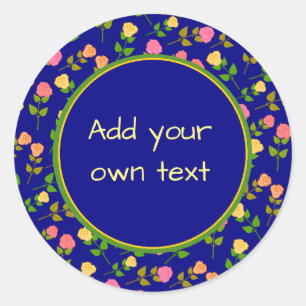 Pretty Blue Rose Pattern Custom Text Classic Round Sticker