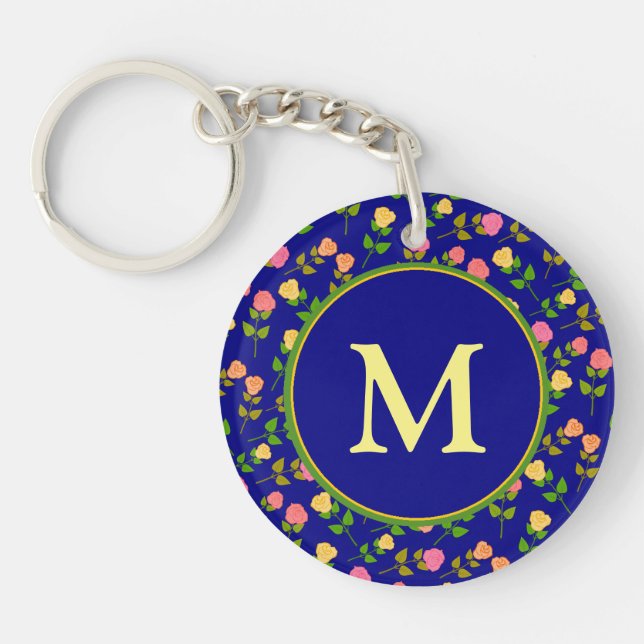 Pretty Blue Rose Pattern Monogram Key Ring (Front)
