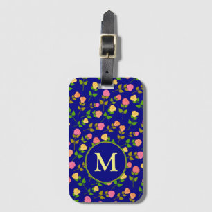 Pretty Blue Rose Pattern Monogram Luggage Tag