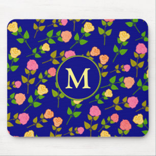 Pretty Blue Rose Pattern Monogram Mouse Mat