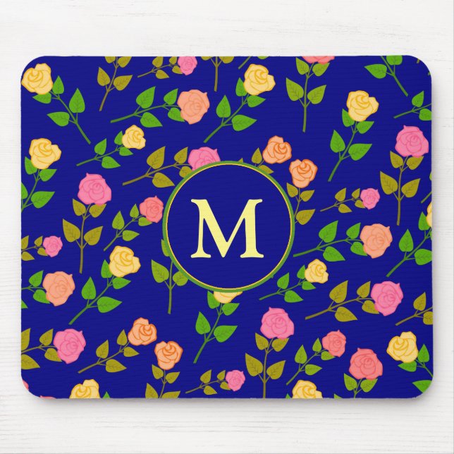 Pretty Blue Rose Pattern Monogram Mouse Mat (Front)