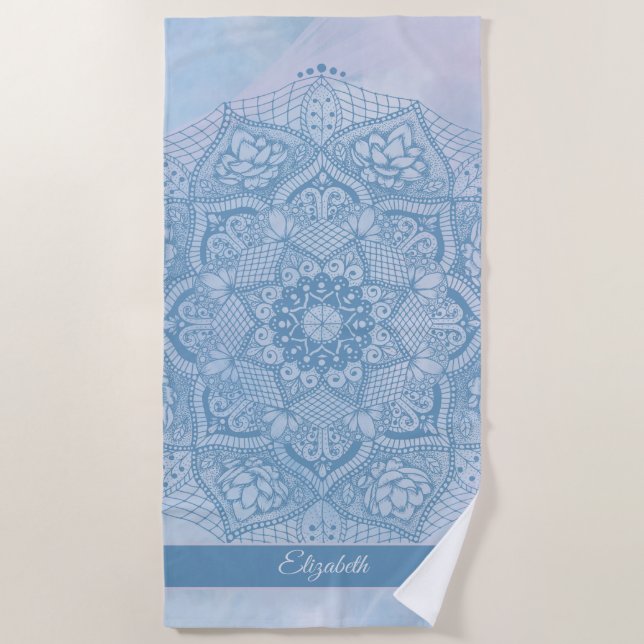 Pretty Blue Sacred Lotus Flower Blossom Mandala  Beach Towel (Front)