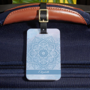 Pretty Blue Sacred Lotus Flower Blossom Mandala Luggage Tag