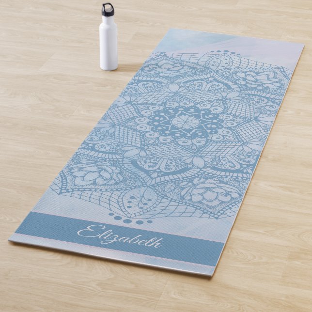 Pretty Blue Sacred Lotus Flower Blossom Mandala   Yoga Mat (In Situ)