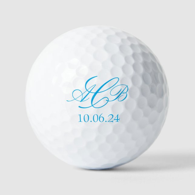 Pretty Blue Script Initials Monogram Favour or Gif Golf Balls (Front)