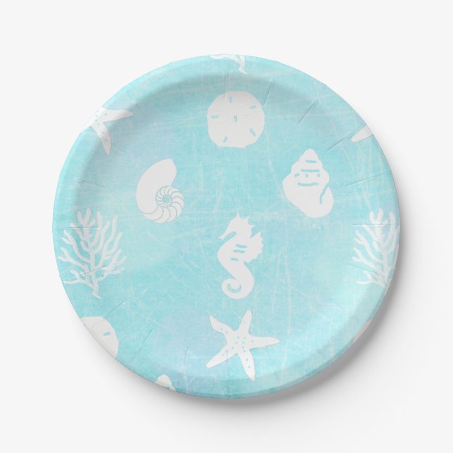 Pretty Blue Seaside Beach Themed Paper Plate (Front)