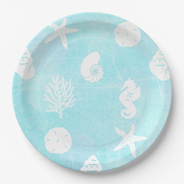 Pretty Blue Seaside Beach Themed Paper Plate (Front)
