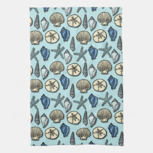 Pretty Blue Shell Starfish Sea Pattern Tea Towel