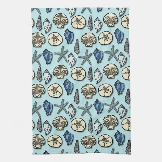 Pretty Blue Shell Starfish Sea Pattern Tea Towel (Vertical)