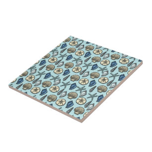 Pretty Blue Shell Starfish Sea Pattern Tile
