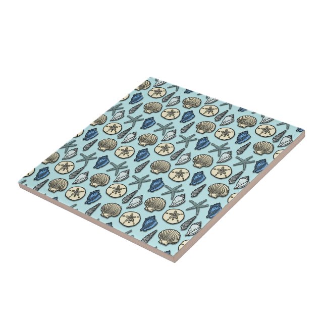Pretty Blue Shell Starfish Sea Pattern Tile (Side)
