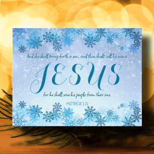 Pretty Blue Snowflakes Jesus Bible Verse Christmas Holiday Postcard