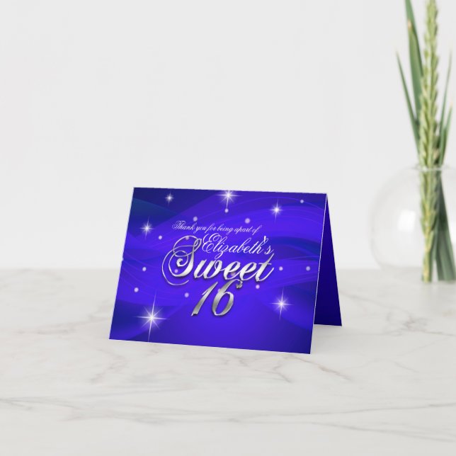 Pretty Blue Sparkle Sweet Sixteen Thank You Card (Front)