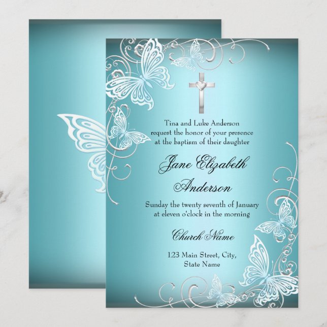 Pretty Blue Swirl Butterfly & Cross Baptism Invite (Front/Back)