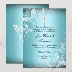 Pretty Blue Swirl Butterfly & Cross Baptism Invite