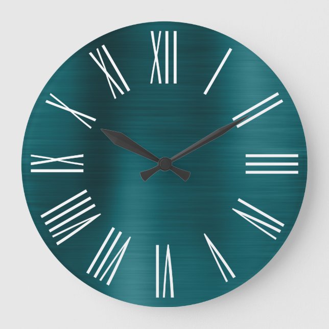 Pretty Blue Teal Ombre Foil White Roman Numeral Large Clock (Front)