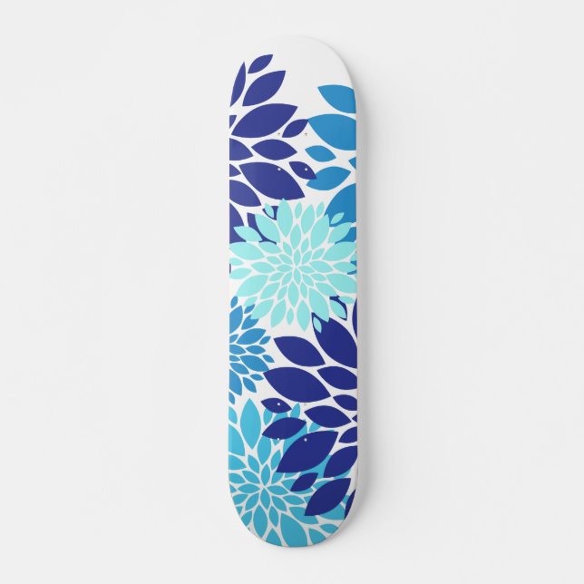 Pretty Blue Teal Turquoise Flowers Floral Art Skateboard (Front)