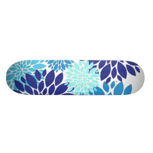 Pretty Blue Teal Turquoise Flowers Floral Art Skateboard