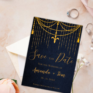 Pretty Blue Traditional Gold Twirls Luxury Wedding Save The Date