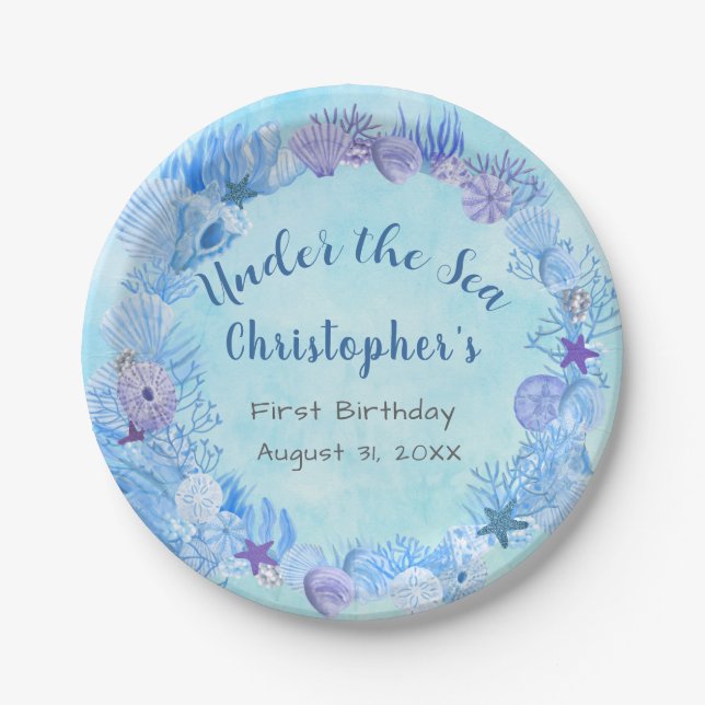 Pretty Blue Under The Sea Boy's Birthday  Paper Plate (Front)