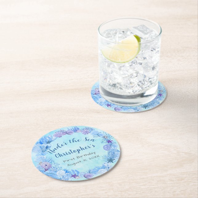 Pretty Blue Under The Sea Boy's Birthday  Round Paper Coaster (Insitu)