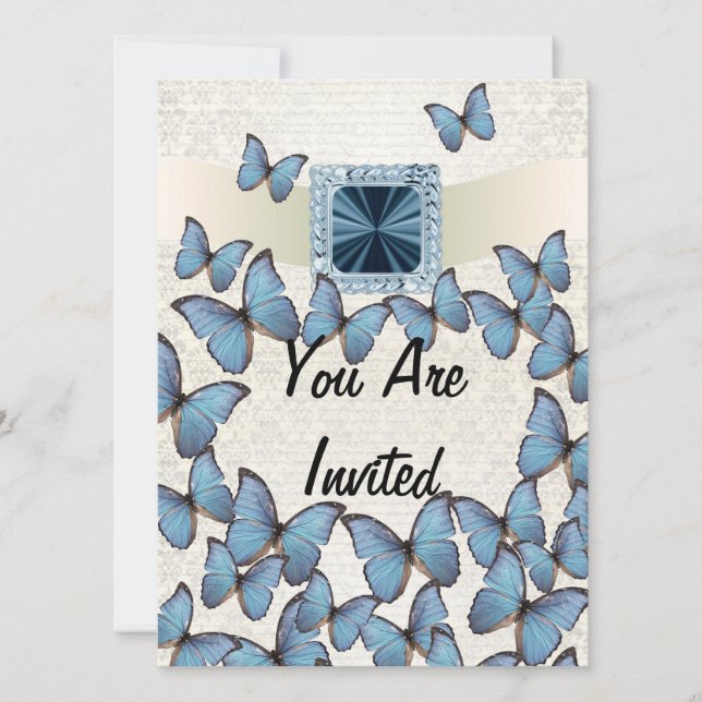 Pretty blue vintage butterfly collage invitation (Front)