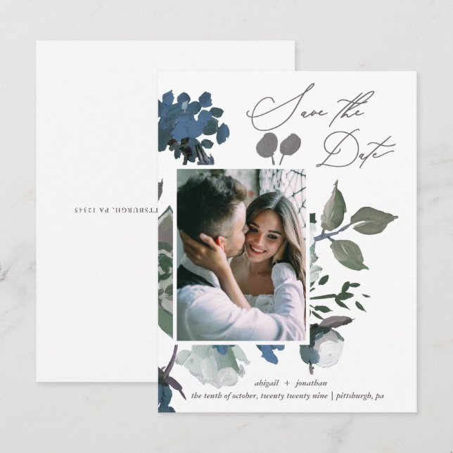 Pretty Blue Watercolor Bouquet Save the Date Invitation Postcard (Front/Back)