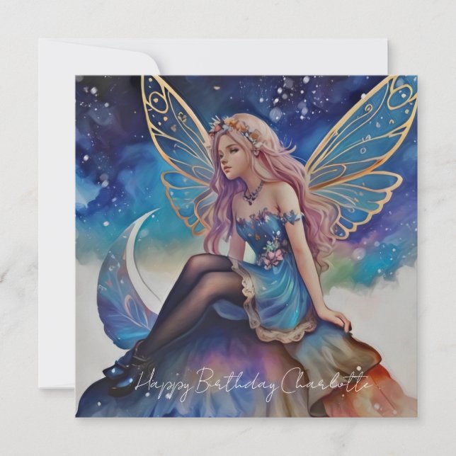 Pretty Blue Watercolor Fairy Birthday Card (Front)