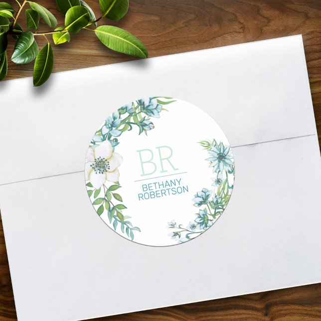 Pretty Blue Watercolor Floral Personalised Classic Round Sticker (Creator Uploaded)