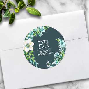 Pretty Blue Watercolor Floral Personalised Classic Round Sticker